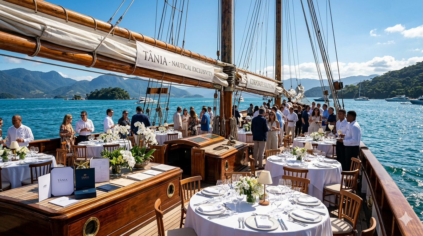 Convés decorado da Escuna Tânia para evento corporativo de luxo no mar